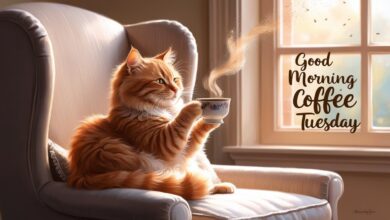 a cat siting driking coffee + wishes of Good morning coffee Tuesday