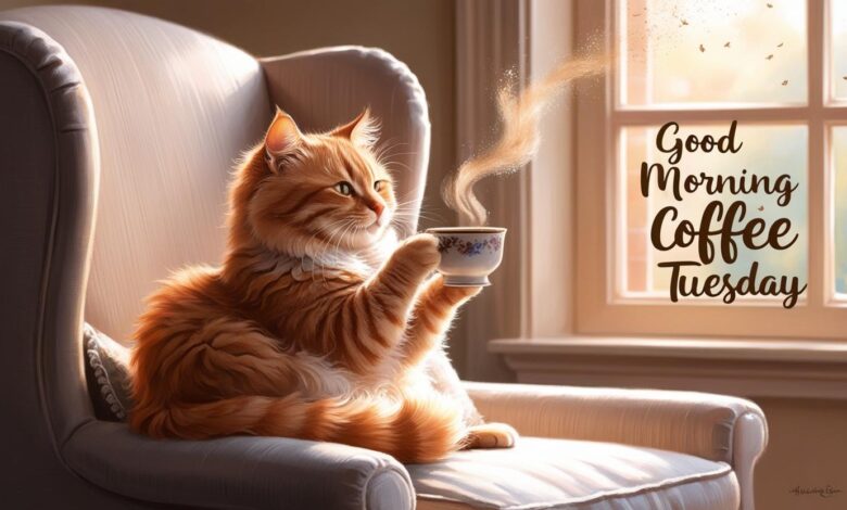 a cat siting driking coffee + wishes of Good morning coffee Tuesday