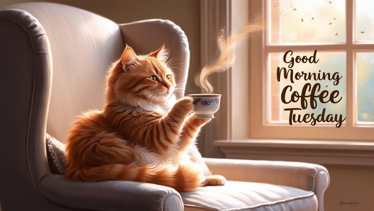 a cat siting driking coffee + wishes of Good morning coffee Tuesday